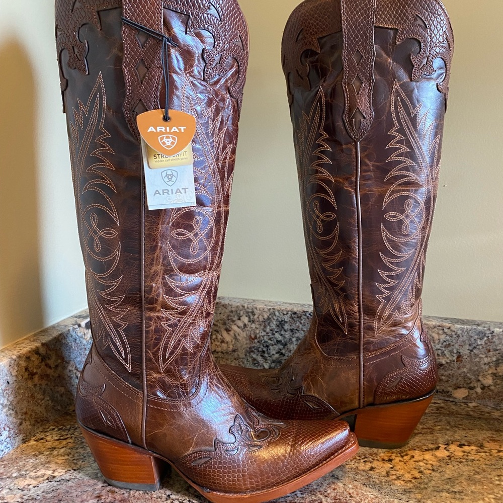Ariat Dark Brown Leather Boots with Stitching - Picture 2 of 12
